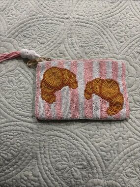 Beaded Pink Stripe Croissant Wristlet Clutch
8 inches wide 
5 inches tall